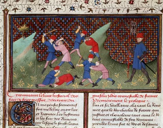 Roman de Ogier, o dinamarquês: o combate com a mão e com o bastão em miniatura retirado de "Chronicle of Bertrand du Guesclin" (Ms 490) 1405 Musee Conde, Chantilly