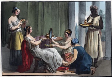 Dama romana a fazer a sua toilette - gravura de «Usi e costumi di tutti i popoli dell