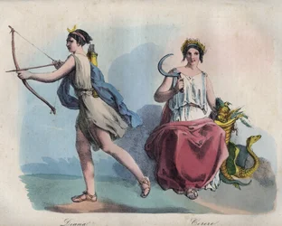 Mitologia romana - Diana, deusa da caça, e Ceres, deusa da agricultura - gravura de «Usi e Costumi di Tutti i Popoli dell