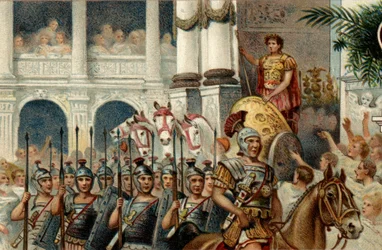 Sistema político romano. O Imperador: Desonrar em honra das vitórias do Imperador Romano Augusto (Octávio ou Octávio) ganho em Áctio, Panónia e Egipto. Cromolitografia do final do século XIX.