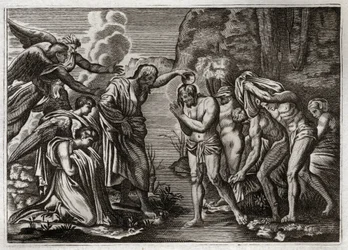 Bíblia de Royaumont, Novo Testamento: Baptismo de Jesus Cristo. São João Batista batizando Jesus Cristo nas águas do rio Jordão. Ilustração de 1811.