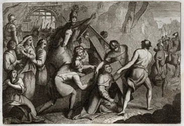 Bíblia de Royaumont, Novo Testamento: Carregando a Cruz (Via Sacra). Jesus Cristo leva a sua cruz ao Monte Calvário, ajuda de Simão de Cirene (o Cireneu). Ilustração de 1811.