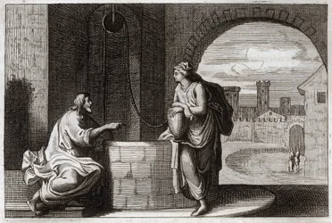 Bíblia de Royaumont, Novo Testamento: Cristo e Samaritano no Poço. Jesus Cristo converte uma mulher samaritana. Ilustração de 1811.