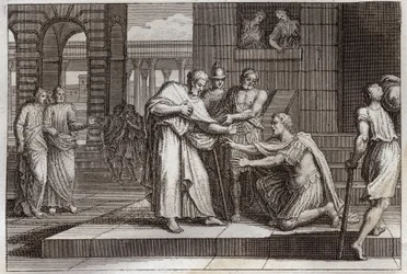 Bíblia de Royaumont, Novo Testamento: Cornelius baptiza. Coroar o centurião recebe a fé de Jesus Cristo, e é batizado por São Pedro. Ilustração de 1811.