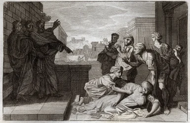 Bíblia de Royaumont, Novo Testamento: Morte de Anania e de sua esposa Saphire antes de São Pedro e São João. Ilustração de 1811.