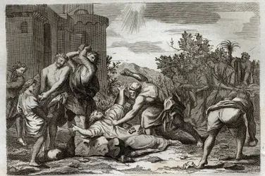 Bíblia de Royaumont, Novo Testamento: Morte de Santo Estêvão, primeiro mártir cristão, por apedrejamento. Ilustração de 1811.