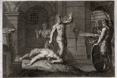 Bíblia de Royaumont, Novo Testamento: Decolação de São João Baptista. Coloca-se a cabeça num planalto. Ilustração de 1811.