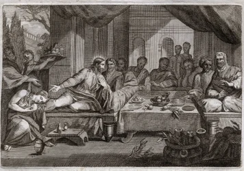 Bíblia de Royaumont, Novo Testamento: Jantar em casa de Simão, o fariseu. Maria Madalena foi chorar aos pés de Jesus Cristo em Simão, o fariseu, e obteve o perdão de seus pecados. Ela unge os pés de Cristo com ungüento e os limpa com o cabelo. Il