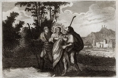 Bíblia de Royaumont, Novo Testamento: Discípulos de Emaús. Os dois discípulos de Emaús) encontra o Cristo ressuscitado. Ilustração de 1811.