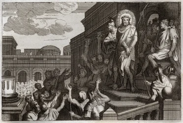 Bíblia de Royaumont, Novo Testamento: Ecce homo. Pôncio Pilatos (Pôncio Pilatos) apresenta Jesus Cristo com espinhos à multidão dizendo: "Aqui está o Homem". Ilustração de 1811.