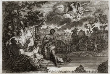 Bíblia de Royaumont, Novo Testamento: O Eunuco baptiza. São Felipe Diácono anuncia a fé a um Eunuco da Rainha da Etiópia e o batiza. Ilustração de 1811.