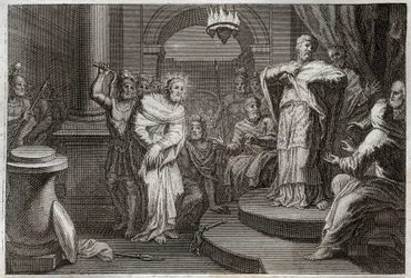 Bíblia de Royaumont, Novo Testamento: Jesus Cristo perante Caifus e Anan (Hanan ou Anne ou Hanne). Ilustração de 1811.