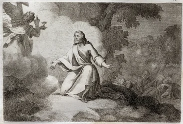 Bíblia de Royaumont, Novo Testamento: Jesus Cristo no Jardim (oração no Monte das Oliveiras). Um anjo segurando um cálice aparece a Jesus. Os apoters de São Pedro, São João e São Tiago estão dormindo. Ilustração de 1811.