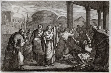 Bíblia de Royaumont, Novo Testamento: Lame gueri. São Paulo guerreia um coxo e prende um povo que queria sacrificar-se a ele como a um Deus. Ilustração de 1811.