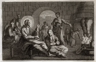 Bíblia de Royaumont, Novo Testamento: Martha e Maria. Jesus Cristo entra na casa de Marta, que se apressa para recebê-lo enquanto sua irmã, Maria de Betânia, ouve sua palavra. Ilustração de 1811.