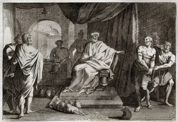 Bíblia de Royaumont, Novo Testamento: Parábola dos Talentos. Um mestre castiga um de seus servos que escondeu o dinheiro que ele lhe deu. Ilustração de 1811.