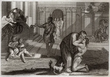 Bíblia de Royaumont, Novo Testamento: Parábola da Criança Prodigal. O filho volta para casa depois de ter saído e perdido todos os seus bens. Ele vem para pedir perdão ao pai. Ilustração de 1811.