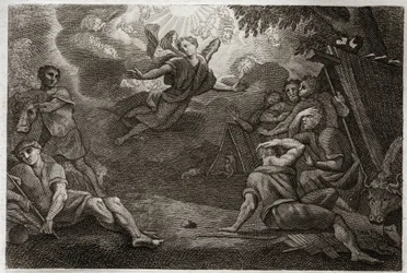 Bíblia de Royaumont, Novo Testamento: Pastores na Creche. Um Anjo anuncia o Nascimento de Jesus Cristo aos Pastores (Anunciação aos Pastores). Ilustração de 1811.