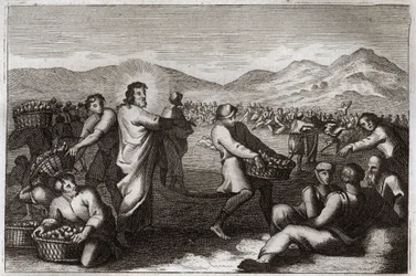 Bíblia de Royaumont, Novo Testamento: Propagação de pães. Jesus Cristo multiplica cinco pães, e alimenta cinco mil homens. Ilustração de 1811.