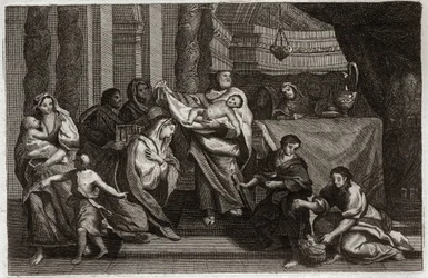 Bíblia de Royaumont, Novo Testamento: Purificação da Virgem ou apresentação no Templo. A Sagrada Família oferece Jesus Cristo ao Templo e entrega-o a Symeon (ou Simeão ou Simão). Uma mulher segura duas pombas em uma cesta. Ilustração de 1811.