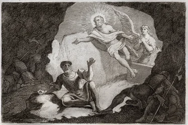 Bíblia de Royaumont, Novo Testamento: A Ressurreição. Jesus Cristo ressuscita do seu túmulo sob o temor dos soldados romanos que haviam adormecido. Ilustração de 1811 (gravura)