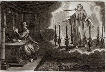 Bíblia de Royaumont, Novo Testamento: Revelações de São João em Apocalipse. Jesus Cristo aparece em São João entre sete castiçais de ouro, com sete estrelas na mão direita e uma espada saindo de sua boca. Ilustração de 1811.