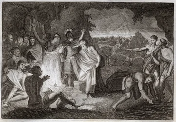 Bíblia de Royaumont, Novo Testamento: Afundamento de S. Paulo. Ele é mordido com uma víbora sem qualquer dano. Ilustração de 1811.