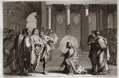 Bíblia de Royaumont, Novo Testamento: A Mulher Adultera. Jesus Cristo está divinamente se iludindo das armadilhas que os judeus colocaram sobre ele, perguntando-lhe o que deve ser feito de uma mulher apanhada em adultério, dizendo: "Que aquele de vós que e