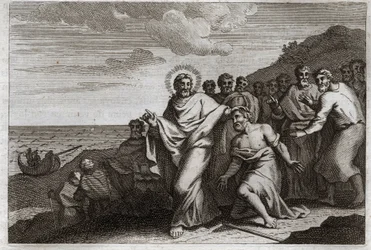 Bíblia de Royaumont, Novo Testamento: O Lepreux e o Centenário. Um leproso reza a Jesus Cristo para curá-lo com sua lepra, e um centenário o envia a rezar para curar seu servo doente. Ilustração de 1811.