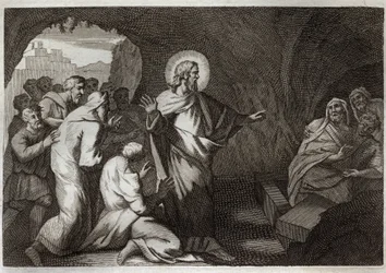 Bíblia de Royaumont, Novo Testamento: A Ressurreição de Lázaro por Jesus Cristo. Ilustração de 1811.