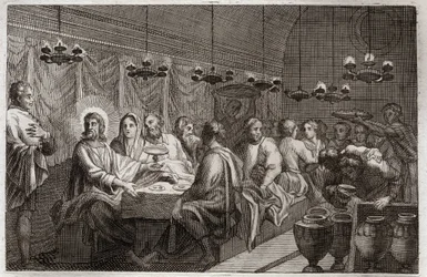 Bíblia de Royaumont, Novo Testamento: O Casamento de Caná. O primeiro milagre de Jesus Cristo que transformou água em vinho. Ilustração de 1811.