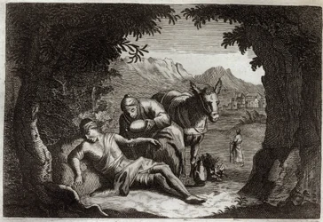 Bíblia de Royaumont, Novo Testamento: A parábola do Bom Samaritano. O samaritano parou no seu caminho para resgatar o homem em perigo. Ilustração de 1811.