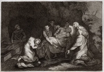Bíblia de Royaumont, Novo Testamento: Tumba. Sepulcro de Jesus Cristo. Entre os personagens que rodeiam o corpo de Jesus Cristo: a Virgem Maria, São Nicodema, São José de Arimatéia, São João Evangelista e Santa Maria Madalena. Ilustração a partir de 18
