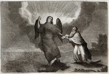 Bíblia de Royaumont, Novo Testamento: Visão de São João. Visão do Anjo com um Livro Aberto dá São João para devorá-lo. Ilustração de 1811.