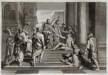 Bíblia de Royaumont, Novo Testamento: Guerra do coxo. São Pedro, acompanhado por São João, guerreou milagrosamente um coxo em Jerusalém. Ilustração de 1811.