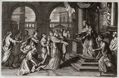 Bíblia de Royaumont, Velho Testamento: Ester irá apresentar-se perante o Rei Xerxes I (Assuero I), com a intenção de salvar o seu povo da morte que o ameaçou. Ilustração de 1811.