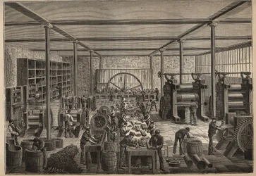 Borracha: fábrica de borracha. Gravura de 1885 em "Les arts et metiers illustres" de Adolphe BITARD.