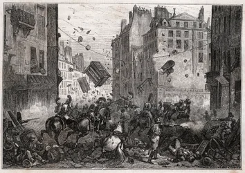 Rue Saint-Antoine durante os Trois-Glorieuses (julho de 1830) - Revolução da Barricada de 1830 na Rue Saint-Antoine (Saint Antoine) em 1830