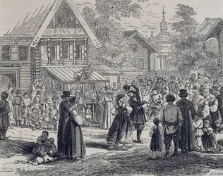 Rússia (séc. XIX). Festa numa aldeia. 1879 (gravura)