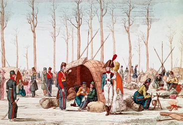 Soldados russos bivouacking nos Champs-Elysees, Paris, França, 31 de Março de 1814 (gravura)