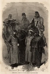 Soldados russos, que mantêm a autoridade do imperador no vasto território da Rússia, o exército russo também permitiu uma ascensão social muito rápida, dando certos privilégios e instrução a cada um dos seus membros. Gravura para ilustrar a libertação russ