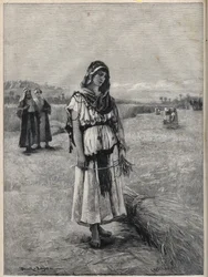 Ruth trabalhando no campo de Boaz (Booz) (Ruth e Boaz) - gravura a partir da pintura de Druch-hajos
