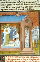 Sagração (coroação) de Carlos Magno (742 - 814) em 800 pelo papa Leão III - iluminura de um manuscrito medieval (ref. 512, 089v). Solicitar autorização à Biblioteca Municipal de Toulouse (tel.: 05 62 27 66 66)