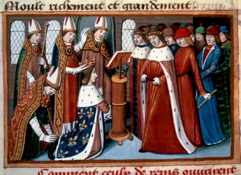 Consagração do rei Carlos VII (1422-1461) pelo arcebispo de Reims em 17/07/1429. Miniatura retirada de «Vigilles do rei Carlos VII», de Martial d