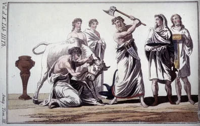 Sacrifício de um touro. Costume na antiguidade romana. Gravura do início do século XIX.
