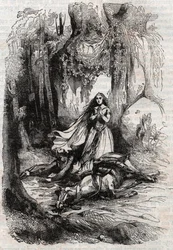 Sacripant (Sacripante) desarconne na presença de Angelica (Angelica) - gravura de 1851 de "Roland furieux" (Orlando furioso) (século XVI) de Ludovico Ariosto, conhecido como Ariosta - Edição traduzida do italiano pelo Conde de Tressan e p