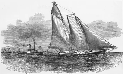 Vela: América nas regatas Cowes levando a cabeça da regata - gravura, Bibl. des arts deco