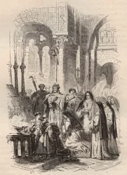 Vela de Saint Cunegonde do Luxemburgo (ca. 975-1033/1039) em 1024, entregue pelo eveque de Paderborn Meinwerk (ca. 975-1036) na Abadia Beneditina de Kaufungen na Alemanha. Gravura de 1868 no "Histoire de Belgique" desde os tempos primitivos até
