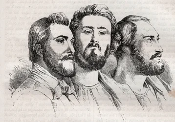 Saint-Simonianism - Saint-Simonianism - Saint Simonians - Charles Duveyrier (1803-1866) - Emile Barrault (1799-1869) - Michel Chevalier (1806-1879 - Gravura de 1882 em "Histoire de dix ans: 1830-1840" Louis-Blanc (1811-1882)