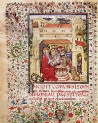 São Jerônimo em sua página de estudo extraída do manuscrito "Opuscola spiritualia et moralia" do século XV Roma, Biblioteca Vallicelliana